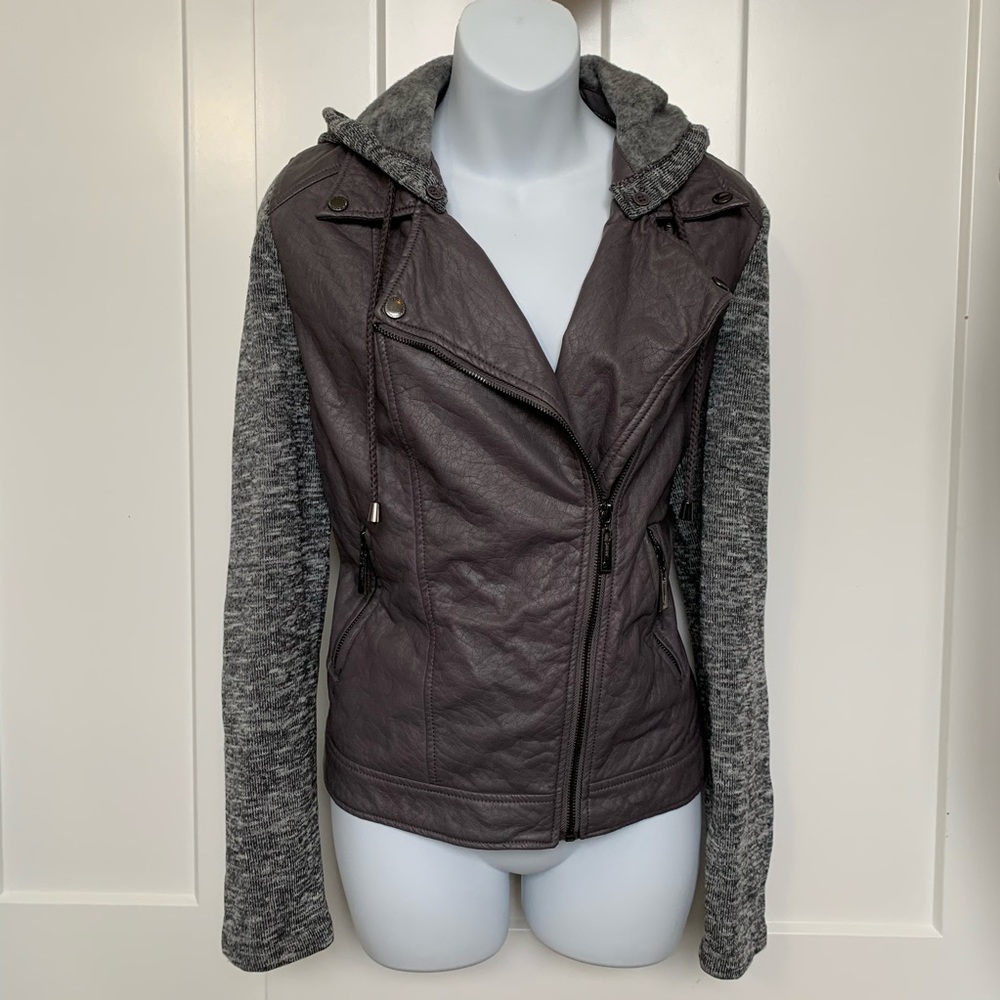 Faux Leather Zip-up Jacket with removable hood